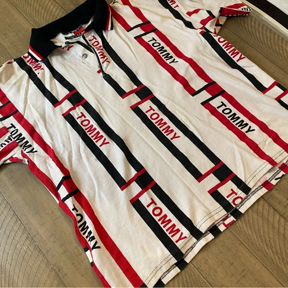 Vintage Tommy Hilfiger Rugby Polo Shirt All Over Graphics Men’s Large 80’s 90’s - Picture 3 of 10